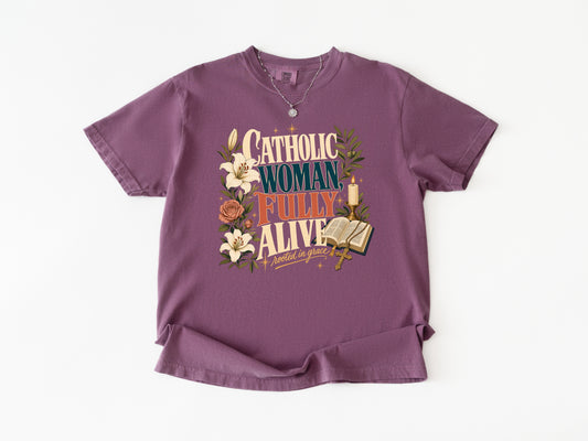 Catholic Woman Fully Alive t-shirt for women, Berry Comfort Colors tee — Cherished by Grace