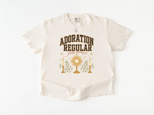 Adoration Regular Eucharistic adoration t-shirt for women, Ivory Comfort Colors tee — Cherished by Grace