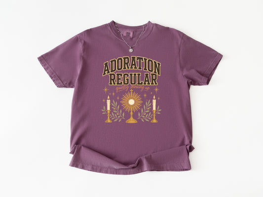 Adoration Regular Eucharistic adoration t-shirt for women, Berry Comfort Colors tee — Cherished by Grace