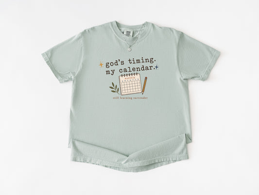 God's Timing My Calendar Catholic t-shirt for women, Bay Comfort Colors tee — Cherished by Grace