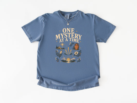 One Mystery at a Time Catholic rosary t-shirt for women, Blue Jean Comfort Colors tee — Cherished by Grace
