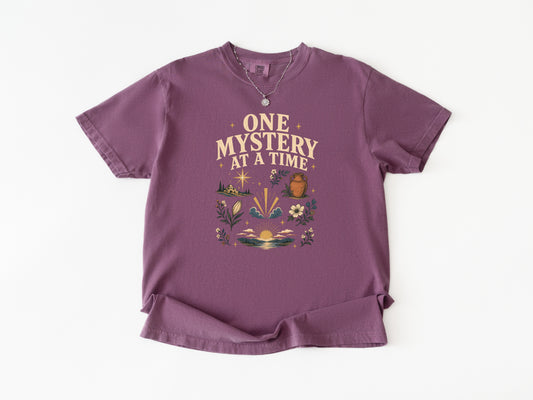 One Mystery at a Time Catholic rosary t-shirt for women, Berry Comfort Colors tee — Cherished by Grace