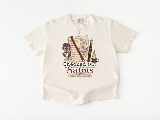 Checked Out for the Saints Catholic t-shirt for women, Ivory Comfort Colors tee — Cherished by Grace