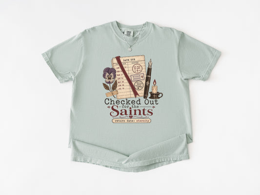 Checked Out for the Saints Catholic t-shirt for women, Bay Comfort Colors tee — Cherished by Grace