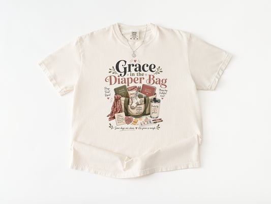 Grace in the Diaper Bag Catholic mom t-shirt, Ivory Comfort Colors tee — Cherished by Grace