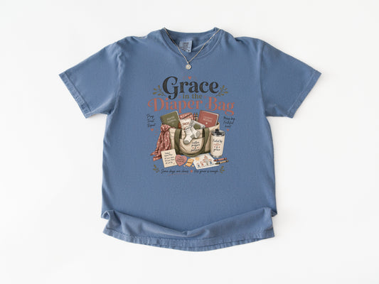 Grace in the Diaper Bag Catholic mom t-shirt, Blue Jean Comfort Colors tee — Cherished by Grace